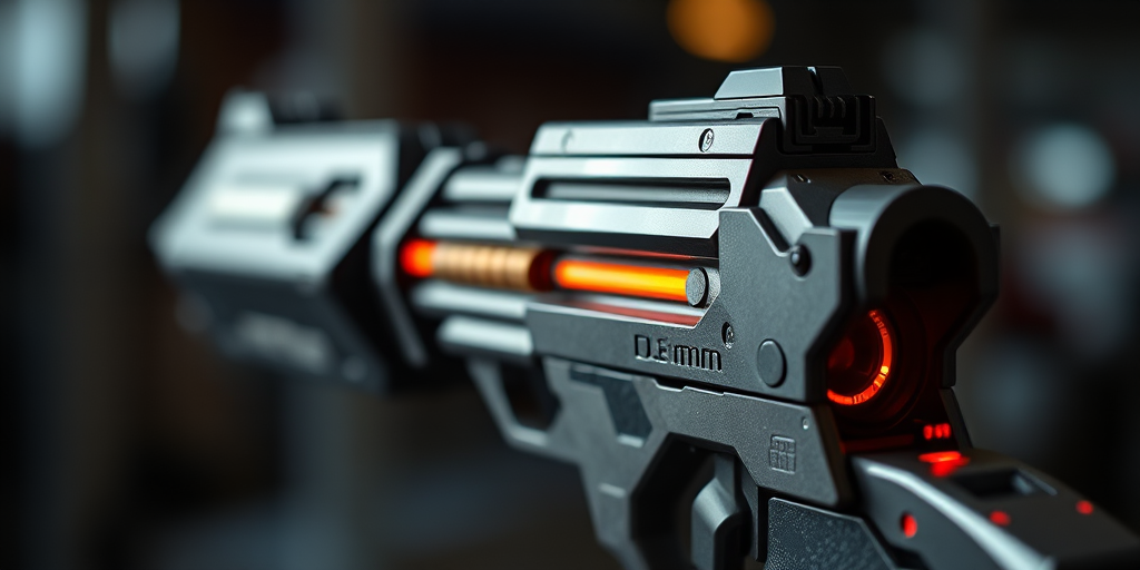 Create a high-resolution image of a futuristic weapon from a side view with a sharp focus, using a DSLR camera with a 50mm lens, aperture set to f/1.8, ISO 100, and a shallow depth of field to emphasize details and textures.