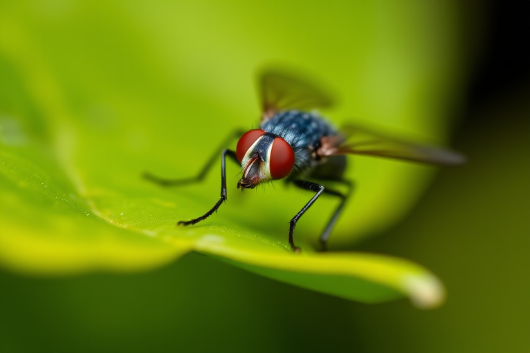 macro shot of a fly on a green leaf with bokeh background, 100mm macro lens, f/2.8 aperture, ISO 100, 1/200 sec exposure, DSLR camera, natural light, focus on subject with soft blurred background