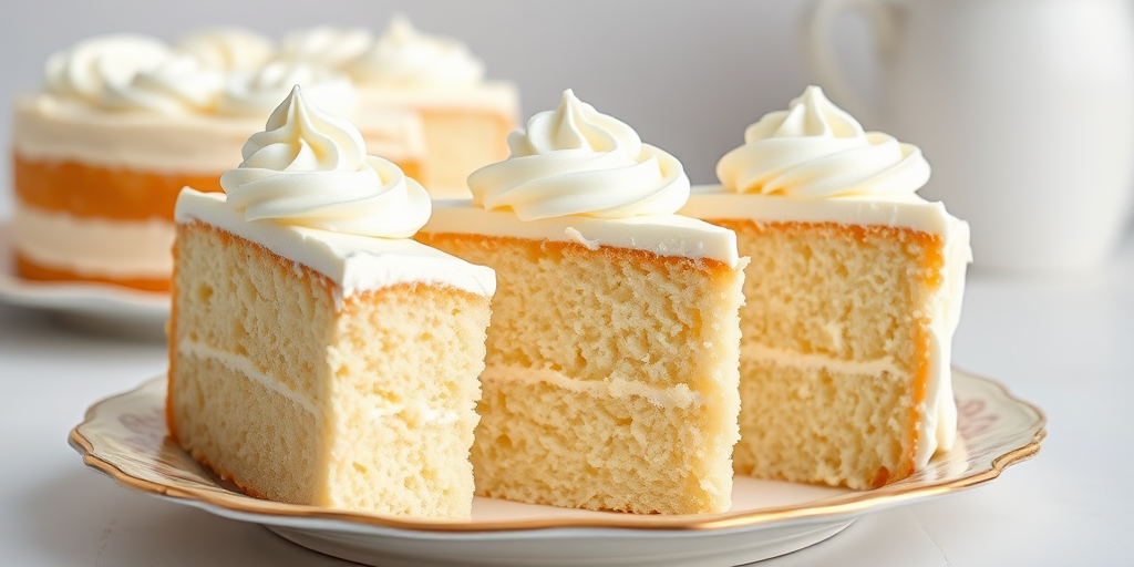 A close-up view of three slices of white cake with fluffy whipped cream frosting arranged on a decorative plate with a light background and soft focus on additional cake slices in the background. The cake has a rich texture and is beautifully presented with swirls of frosting on top.