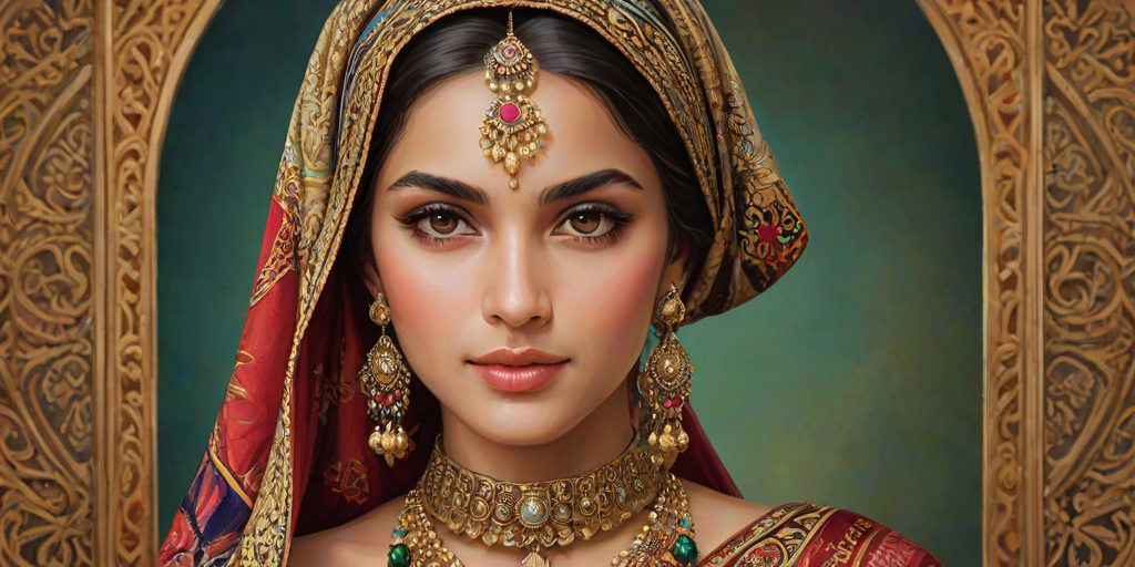 Create a portrait of a beautiful woman with striking hazel eyes and a gentle expression. She is adorned in traditional attire with intricate patterns, including a richly embroidered headscarf and matching garments. Her jewelry includes a delicate headpiece, dangling earrings, and ornate bracelets, all featuring vibrant gemstones and detailed metalwork. The background is soft and warm, enhancing the rich colors of her outfit and jewelry.
