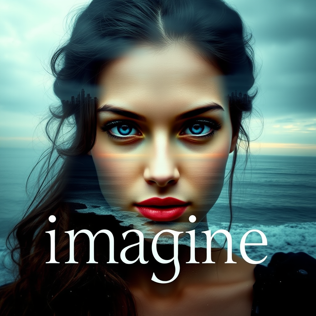 imagine Book cover, A surreal double exposure portrait that blends a woman's face with a beautiful seascape. The overall mood is dreamy and mystical, with rich colors and intricate details