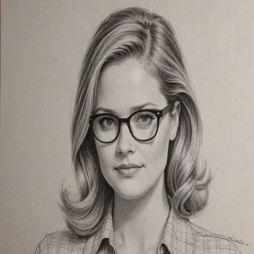 Pleasing Maggie Lawson, pencil sketch, portrait of Lovely woman 1956s in glasses, hair style beatnik, outline, clear lines, fine lines, 8k