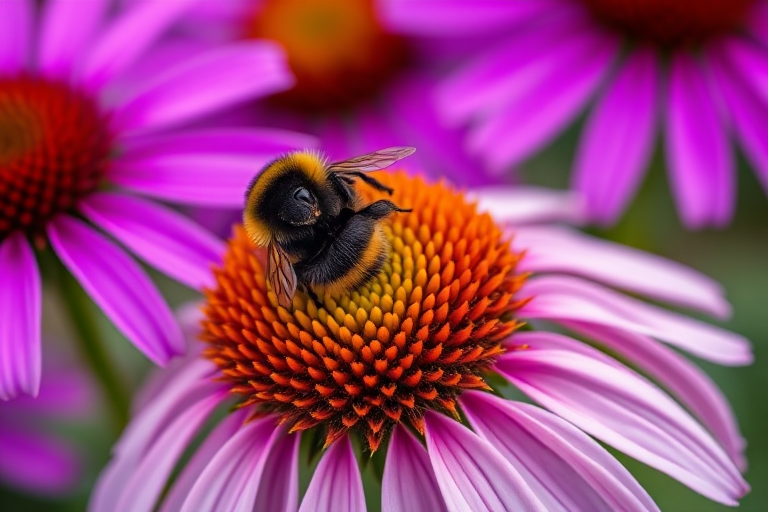 Close-up of a bumblebee on a vibrant coneflower surrounded by soft-focus purple flowers, 100mm macro lens, aperture f/2.8, shutter speed 1/200s, ISO 200, natural light, shallow depth of field.
