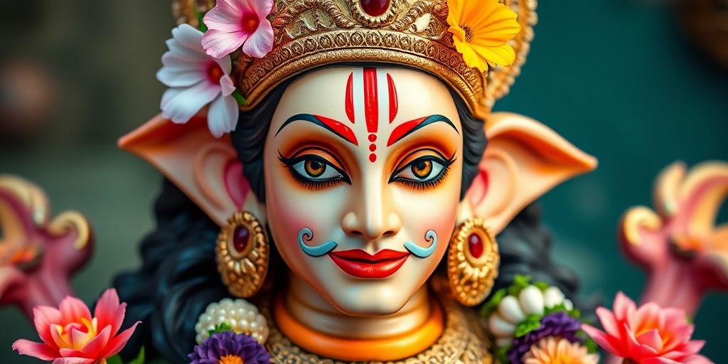 A highly detailed portrait of Lord Vishnu adorned with vibrant flowers and intricate jewelry, shot with a DSLR camera at f/1.8 aperture, ISO 100, 50mm lens, soft natural lighting, and a shallow depth of field for enhanced image quality.