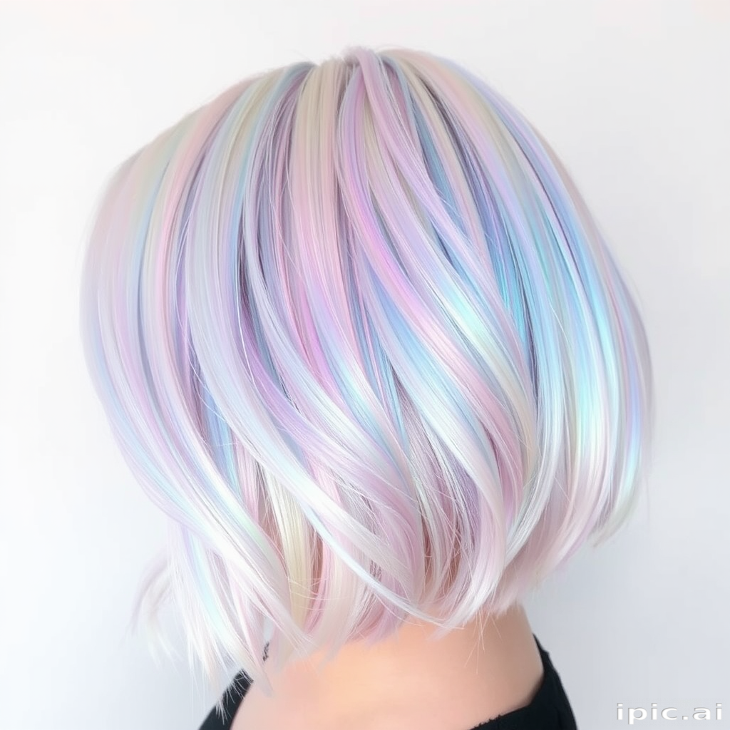 Shimmering holographic bob, named "Prismatic Aura," reflects an ever-changing array of pastel hues that shift and dance with every movement