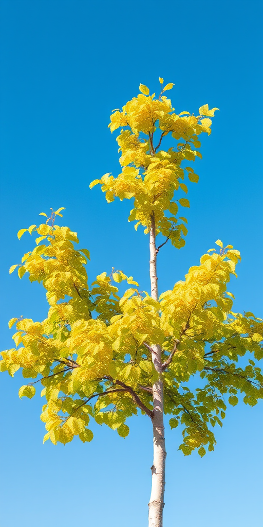 Create a digital illustration of a single birch tree with swirling leaves in various shades of green and yellow against a clear blue sky, using a 50mm lens, f/8 aperture, ISO 100, with a focus on vibrant colors and sharp details in a flat lay style.