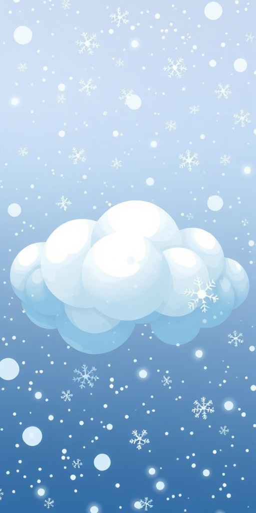 Create a high-resolution illustration of a cartoon-style cloud with snowfall featuring intricate snowflakes, using a Canon EOS 5D Mark IV camera, 50mm lens, aperture f/2.8, ISO 100, capturing the scene from a slightly tilted top-down view to enhance depth and clarity.