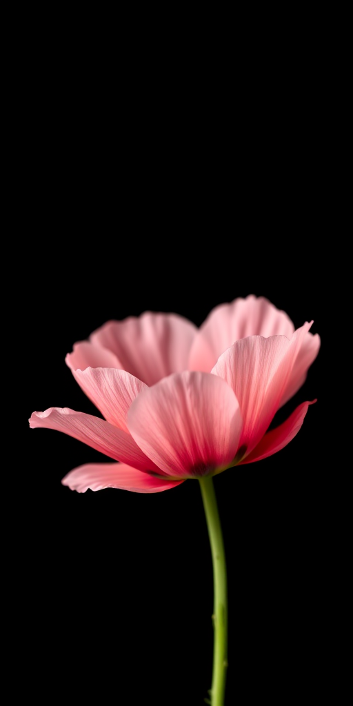 capture a single pink poppy flower isolated on a black background, shallow depth of field, f/2.8 aperture, ISO 100, 50mm lens, macro photography style, natural lighting, DSLR camera
