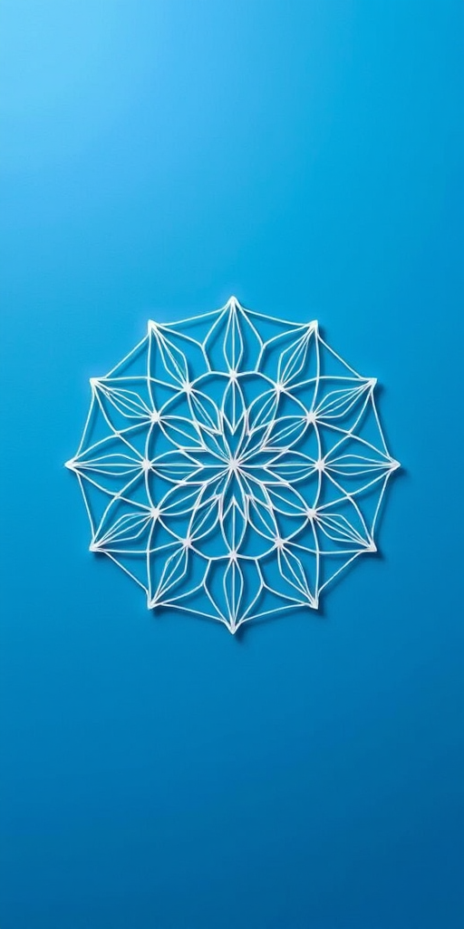 create a detailed geometric pattern featuring a flower of life design with intricate white lines against a smooth gradient blue background, captured in high resolution with a DSLR camera at f/8 aperture, 50mm lens, ISO 100, and a soft diffused lighting for enhanced clarity and depth