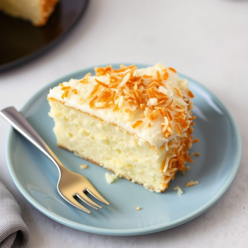 A slice of coconut cake topped with golden toasted coconut flakes served on a blue plate with two forks beside it against a light gray background.