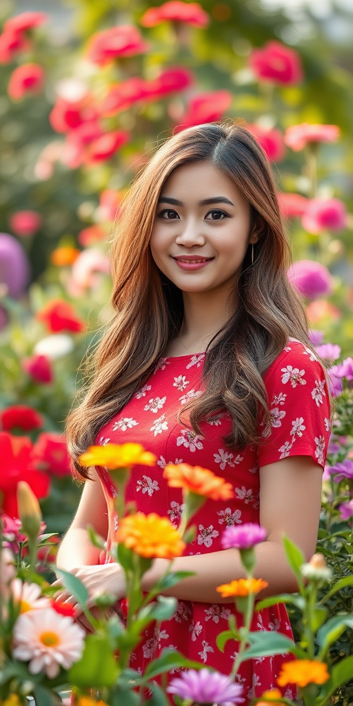 capture a portrait of a young woman wearing a red floral dress surrounded by vibrant flowers in an outdoor garden setting, use a shallow depth of field f/1.8, 50mm lens, soft natural lighting, with a slightly overexposed background for a dreamy effect, shot with a DSLR camera