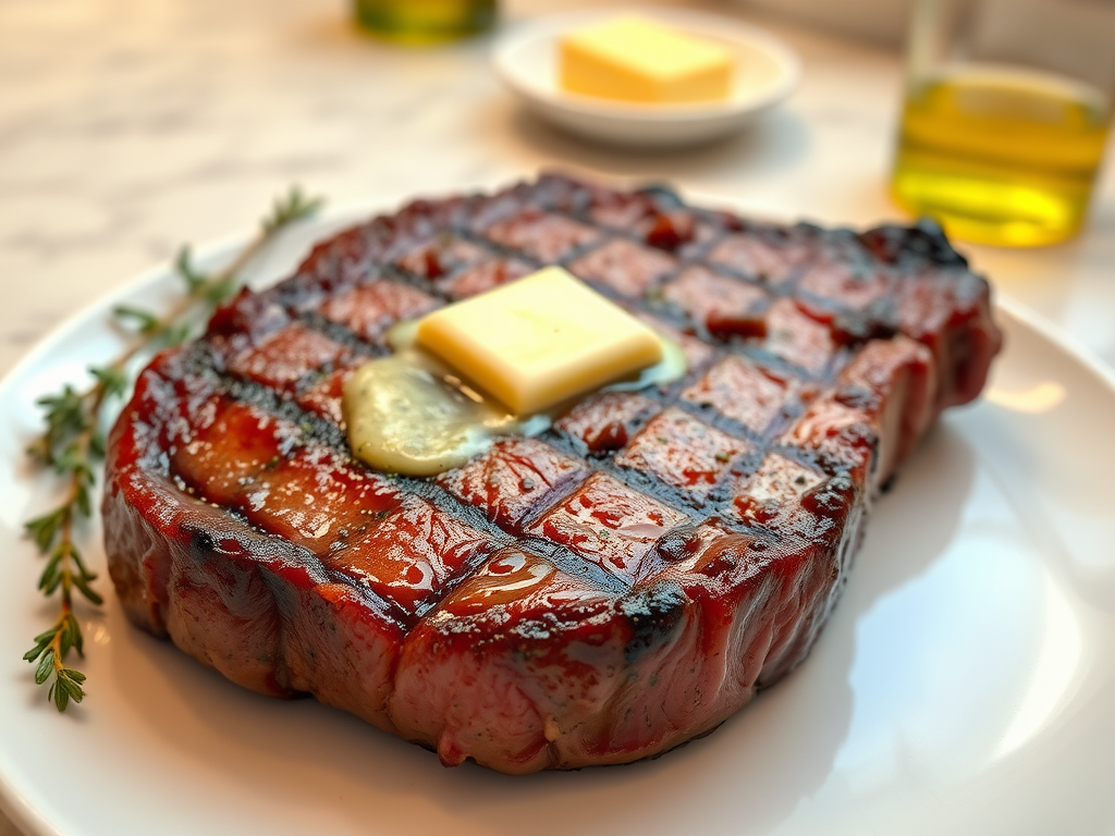Create an image of a perfectly seared ribeye steak, resting on a white plate with a pat of melting butter on top. The steak is seasoned with fresh herbs like thyme and parsley, with glistening juices highlighting the texture of the meat. The background features a soft focus on a light, marble countertop, with a small dish of butter and an olive oil bottle in the distance. The overall mood should be warm and inviting, capturing the deliciousness and juiciness of the steak.