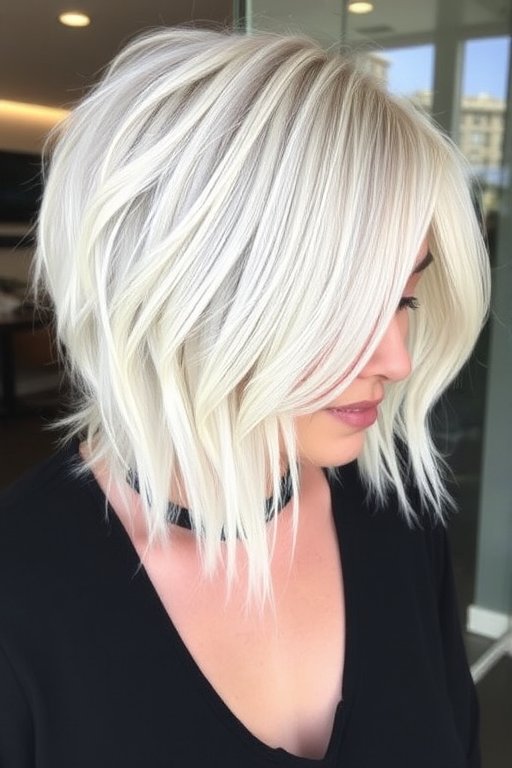 Trendy hair style exhibiting a textured lob with choppy layers and a rooted platinum blonde look blending into icy white ends