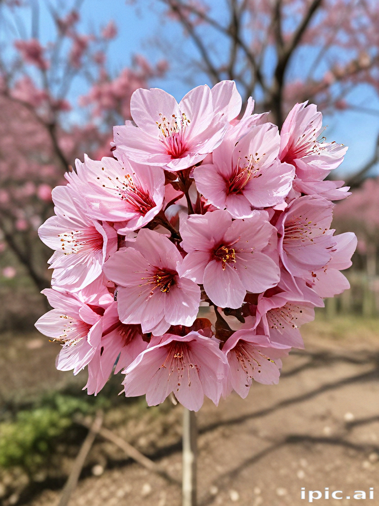 Beautiful Cluster of Pink Cherry Blossoms in Full Bloom Against Blue Sky