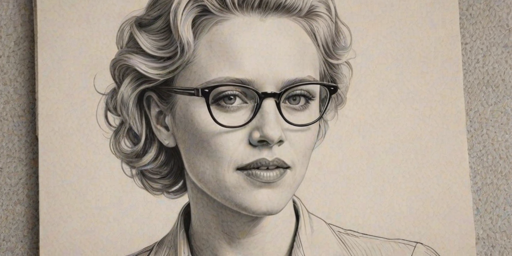 Appealing Kate McKinnon, pencil sketch, portrait of Captivating woman 1936s in glasses, hair style beatnik, outline, clear lines, fine lines, 8k