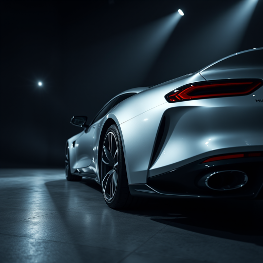 Generate an image of a sleek, modern silver car in a dark studio setting with dramatic lighting highlighting the contours, using a Canon EOS R5 camera, 50mm lens, f/1.8 aperture, ISO 100, 1/200 sec shutter speed, shot from a low angle for a dynamic perspective.