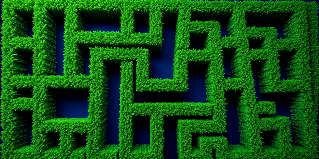 Create a vibrant, intricate maze composed of lush green pathways on a dark blue background, captured with a DSLR camera at f/8 aperture, ISO 100, 1/250 second shutter speed, top-down view, macro lens for enhanced detail and clarity.