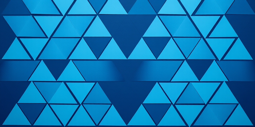 Create a seamless pattern of blue triangles on a dark blue background, shot with a Canon EOS R5, 50mm lens, f/8 aperture, ISO 100, in a top-down view to enhance texture and depth.