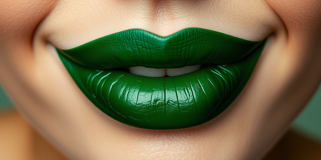 Enchanting emerald green lips captivate with their rich jewel tone, boasting a satiny finish that adds depth and intrigue to the unusual color