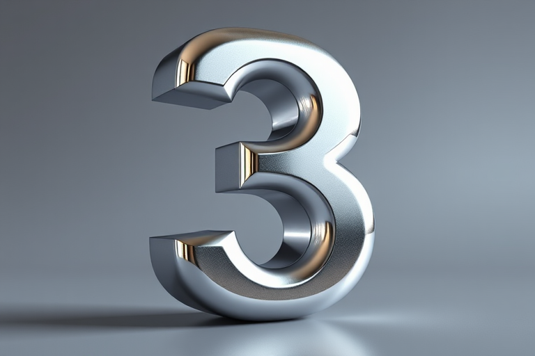 Generate a high-resolution 3D silver number three with reflective surfaces and smooth gradients, using a DSLR camera set to f/2.8, ISO 100, 50mm lens, shot from a low angle with soft natural lighting for enhanced depth and detail.