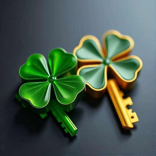 Create an image of two keys shaped like four-leaf clovers, one green and one gold, in high resolution with a focus on the details of the keys, using a DSLR camera with a 50mm lens at f/1.8, ISO 100, and a shallow depth of field, shot from a top-down view with soft lighting to enhance the colors and reflections.