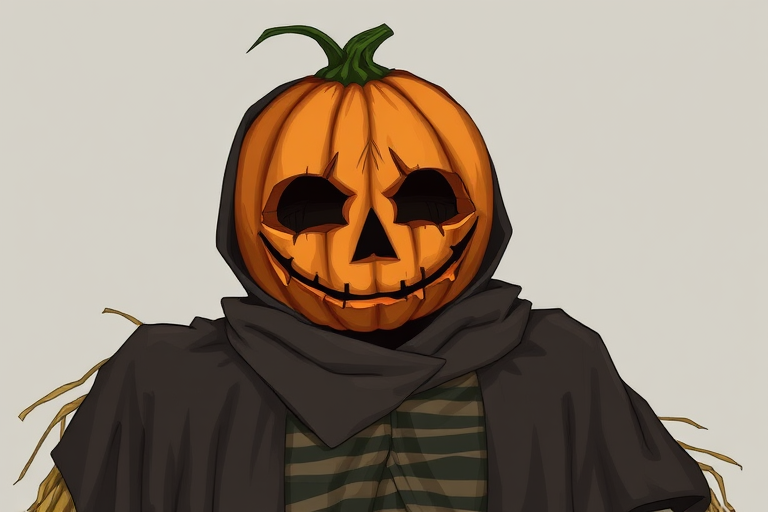 Create a high-resolution illustration of a scarecrow with a carved pumpkin head, dressed in a tattered black cloak with a striped shirt, set against a soft gray background, using a DSLR camera with a 50mm lens, aperture f/2.8, ISO 100, and a slight vignette effect for depth.
