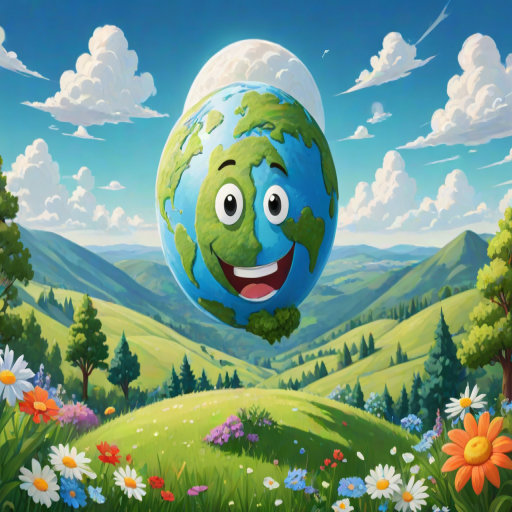 create a cartoon landscape with a smiling Earth character, surrounded by green hills, trees, white clouds, and colorful flowers under a bright blue sky