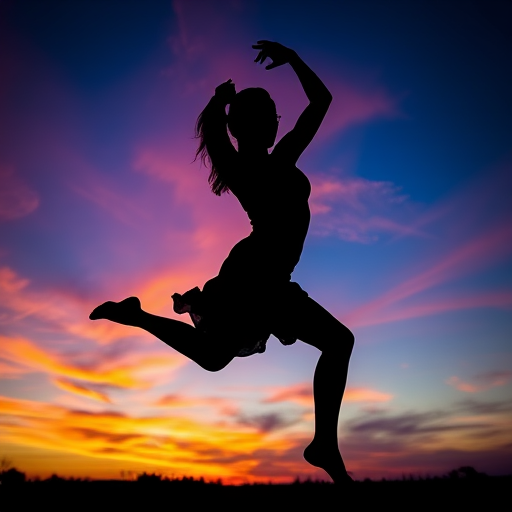 Create a high-resolution silhouette of a person in a dynamic dance pose against a colorful sunset background, captured with a Canon EOS R5, 24-70mm f/2.8 lens, aperture f/4, ISO 100, shot from a low angle to enhance depth and perspective.