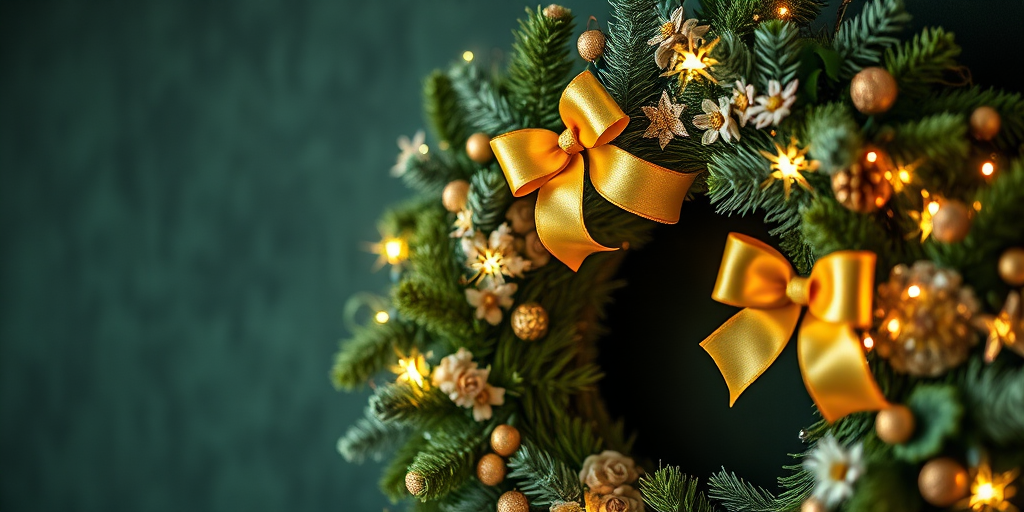 Create a lush, festive Christmas wreath adorned with golden bows and sparkling lights, captured with a DSLR camera at f/2.8 aperture, ISO 100, 50mm lens, in a soft focus style against a dark green textured background, emphasizing the twinkling stars and delicate flowers for a magical holiday vibe.