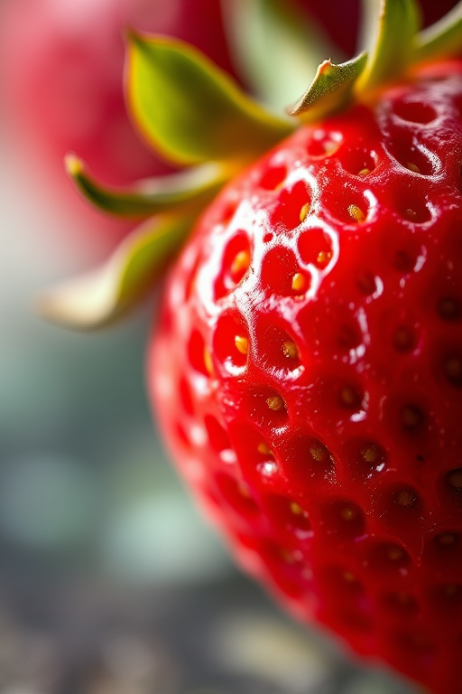 high-resolution close-up of a ripe strawberry with detailed textures, soft natural lighting, macro lens, f/2.8 aperture, ISO 100, 50mm lens, DSLR camera