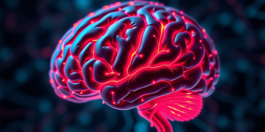 Create a high-resolution digital illustration of a brain with intricate neon circuitry, using a DSLR camera with a 50mm lens, aperture f/1.8, ISO 100, in macro view with soft lighting for enhanced details and vibrant colors.
