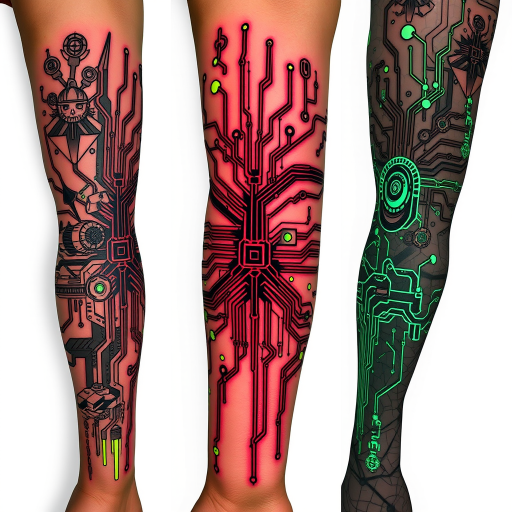 Cyberpunk-inspired circuitry tattoo with glowing neon accents and intricate technological details, seamlessly blending organic and mechanical elements across the entire arm sleeve