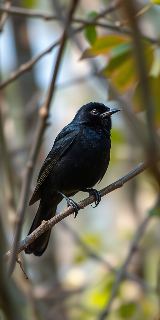 A blackbird perched on a branch surrounded by trees, captured with a Canon EOS R5, 85mm lens, f/1.8 aperture, ISO 200, shallow depth of field, in natural light with soft focus background.
