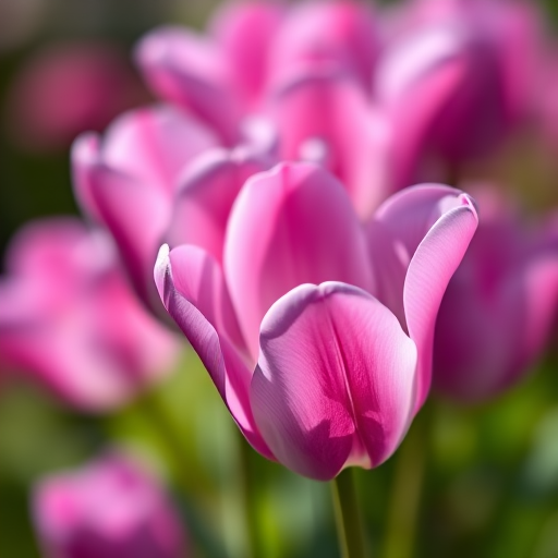 Set up a Canon EOS R5 camera with a 100mm f/2.8 macro lens, aperture set to f/4 for a shallow depth of field, ISO 100, shutter speed 1/200s, captured in natural light against a soft bokeh background featuring purple tulips with delicate details and vibrant colors.