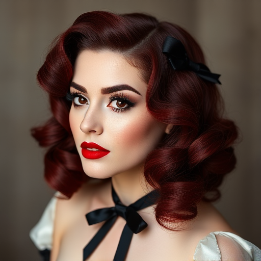 Lush burgundy locks styled in vintage pin-up victory rolls with black ribbon accents, exuding timeless glamour and sophistication named Velvet Vixen