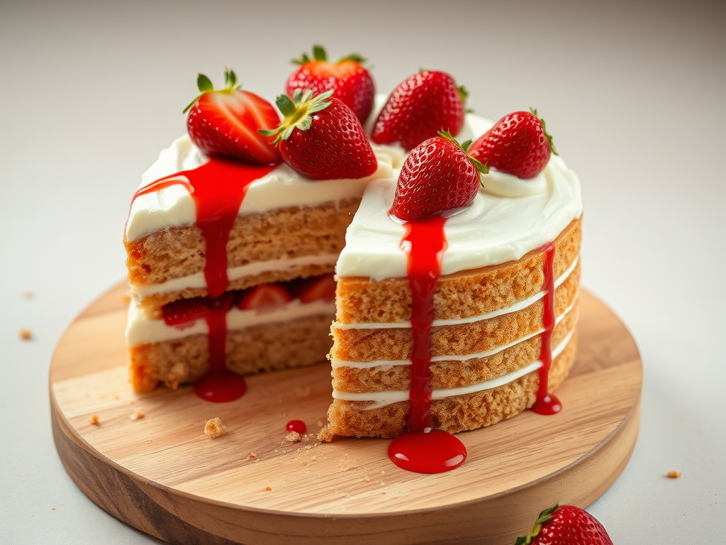 A delicious layered cake with whipped cream and fresh strawberries on top with strawberry sauce drizzling down the sides cut into a slice placed on a wooden board with crumbs scattered around on a light background