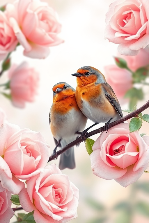 Create a watercolor painting of two birds perched on a branch surrounded by blooming roses with soft pastel colors, using a Canon EOS R5 with a 50mm lens, f/2.8 aperture, ISO 100, and a slight bokeh effect to enhance depth.