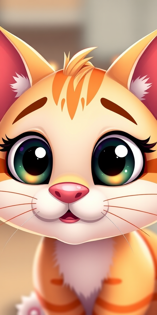 Create a high-resolution illustration of a cute, cartoonish cat character with oversized eyes and a playful expression, shot in a close-up view using a DSLR camera at f/2.8, ISO 100, and a shutter speed of 1/250s, in vibrant colors and soft lighting to enhance its adorable features.