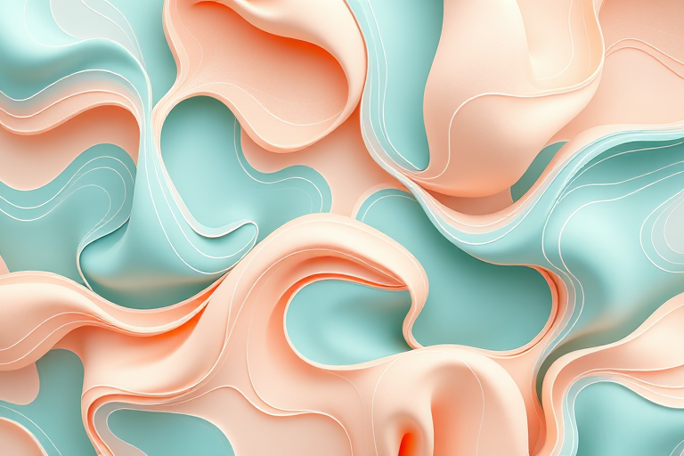 Create a high-resolution abstract pattern of flowing organic shapes in soft peach and teal colors with intricate white line contours, using a macro lens at f/8 aperture, 1/125 shutter speed, and ISO 100, capturing a top-down view with a digital SLR camera for enhanced image clarity and detail.