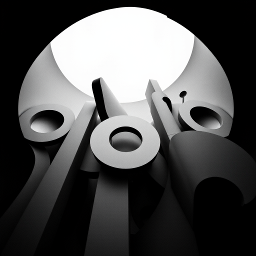 Generate an abstract black and white image featuring various shapes and forms, shot with a Canon EOS R5 at f/8, ISO 100, 1/200s, in a wide-angle view using a contemporary photography style.