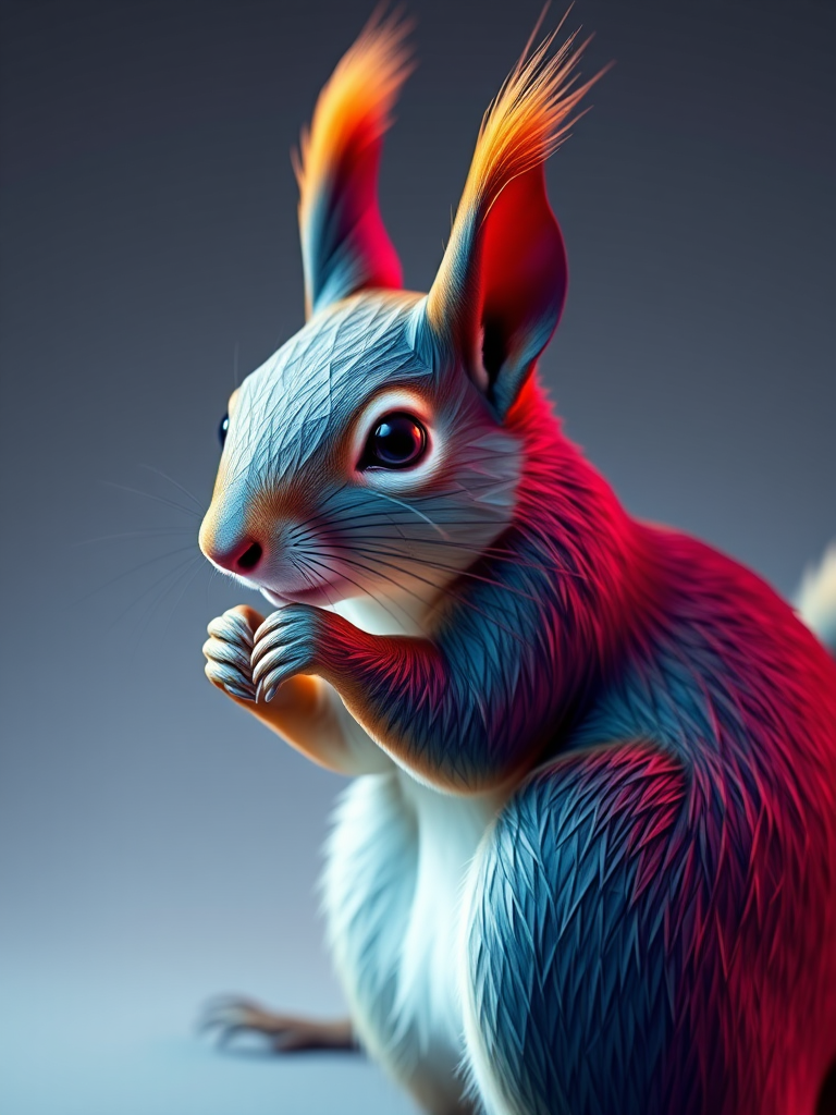 Create a high-resolution 3D polygonal art representation of a squirrel, captured with a DSLR camera, f/2.8 aperture, 35mm lens, low light setting, focused on vivid color gradients and sharp geometric edges, against a smooth gradient background.