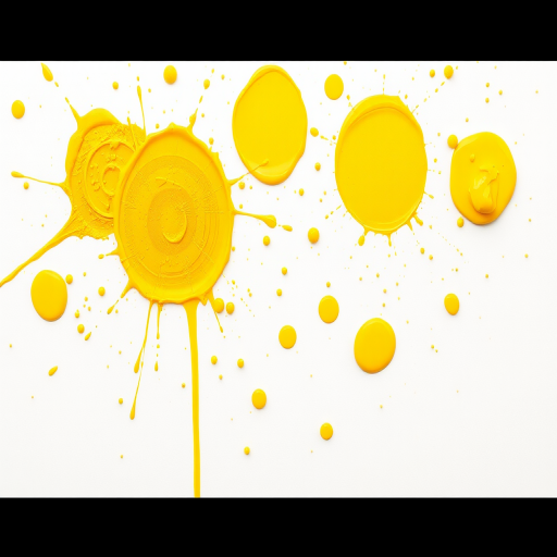 Create a high-resolution digital illustration of abstract yellow paint splatters on a white background using a Canon EOS R5 with a 50mm f/1.2 lens, f/2.8 aperture, 1/100s shutter speed, and ISO 100 for enhanced clarity and color vibrancy.