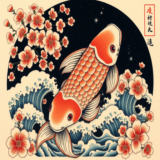 Japanese Irezumi tattoo called "Koi Ascending" showcasing a large-scale koi fish swimming upstream amidst cherry blossoms and waves, rich in symbolism and traditional imagery