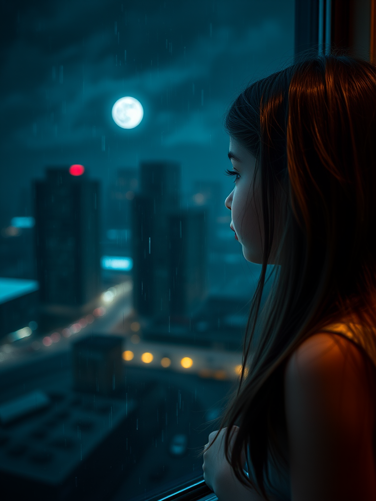 A young girl with long brown hair gazing out a window at a rainy night cityscape with a full moon, soft focus, 50mm lens, f/1.8 aperture, ISO 200, long exposure for gentle light, cinematic style, DSLR camera.
