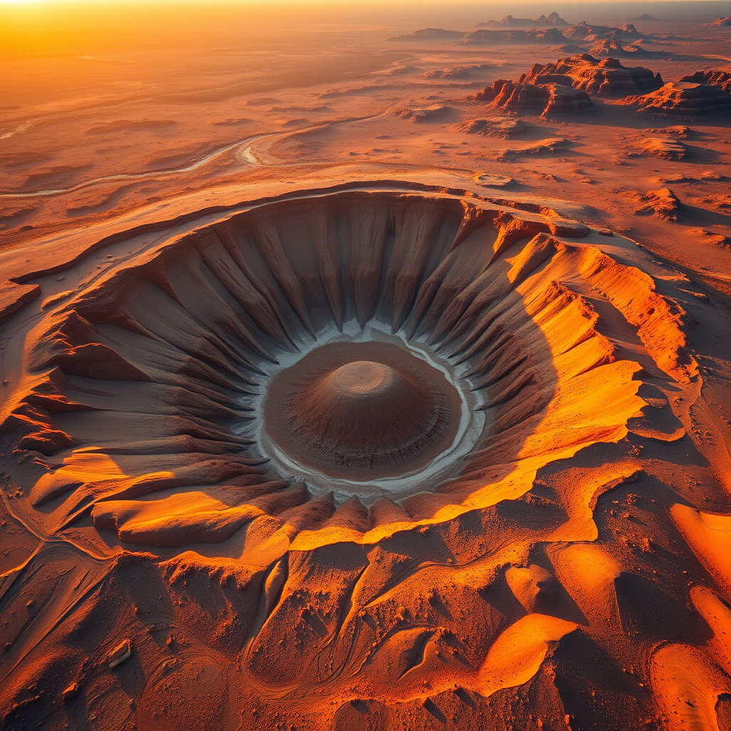 aerial view of a circular crater surrounded by desert landscape during golden hour, Canon EOS R5, 24mm f/1.4 lens, ISO 200, shutter speed 1/200s, drone photography, high-resolution, vivid colors