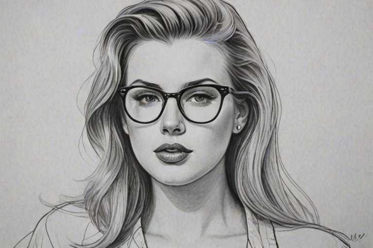 Delightful Ireland Baldwin, pencil sketch, portrait of Appealing woman 1939s in glasses, hair style beatnik, outline, clear lines, fine lines, 8k