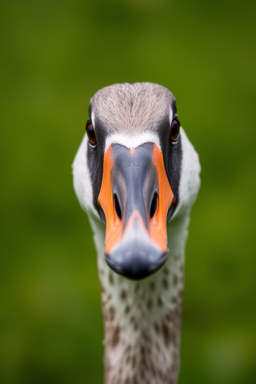 Close-up of a goose's head with a blurred green background, captured with a DSLR camera, 85mm lens, f/2.8 aperture, 1/200s shutter speed, ISO 100, natural lighting.