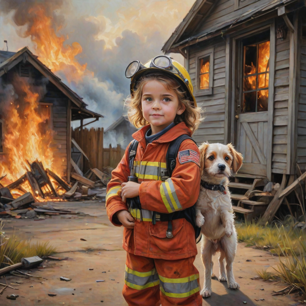 airbrushed oil painting, pixar style, cute little girl in fireman gear, helmet, tousled hair, expressive eyes, standing in the doorstep of a cottage burning behind him, holding a cute little dog in her arm, atumn sky