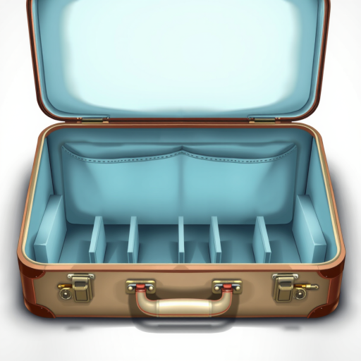 Create a highly detailed illustration of an open vintage suitcase with a light blue interior and dividers, with a soft, diffused lighting effect, using a DSLR camera at f/8 aperture, 50mm lens, and a slight top-down angle to enhance clarity and color vibrancy.