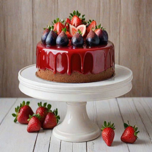 Create an image of a beautiful cake with a smooth, glossy red glaze on top. The cake should be decorated with an assortment of fresh fruits, including strawberries and figs, along with some greenery. The cake is placed on a rustic white wooden cake stand, against a light wooden background. The overall aesthetic should be elegant and inviting.